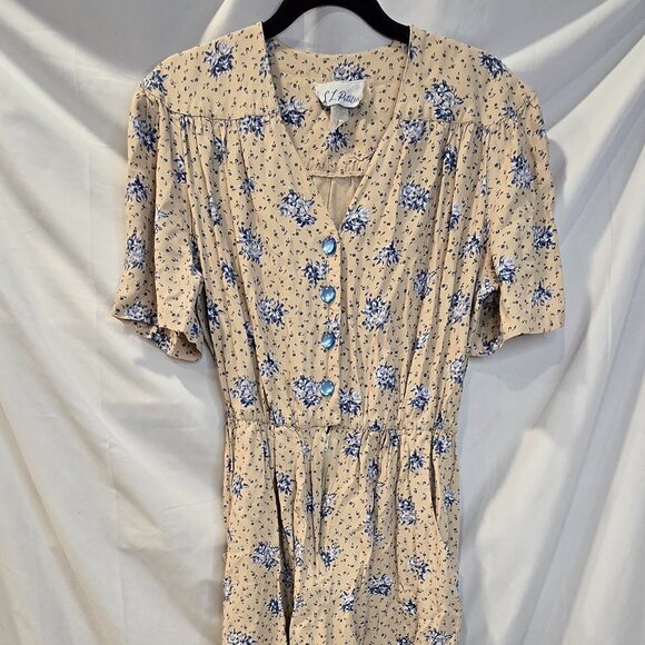 Vintage S.L. Petites Romper Size 12 Beige With Blue Flowers Pockets - Picture 1 of 12